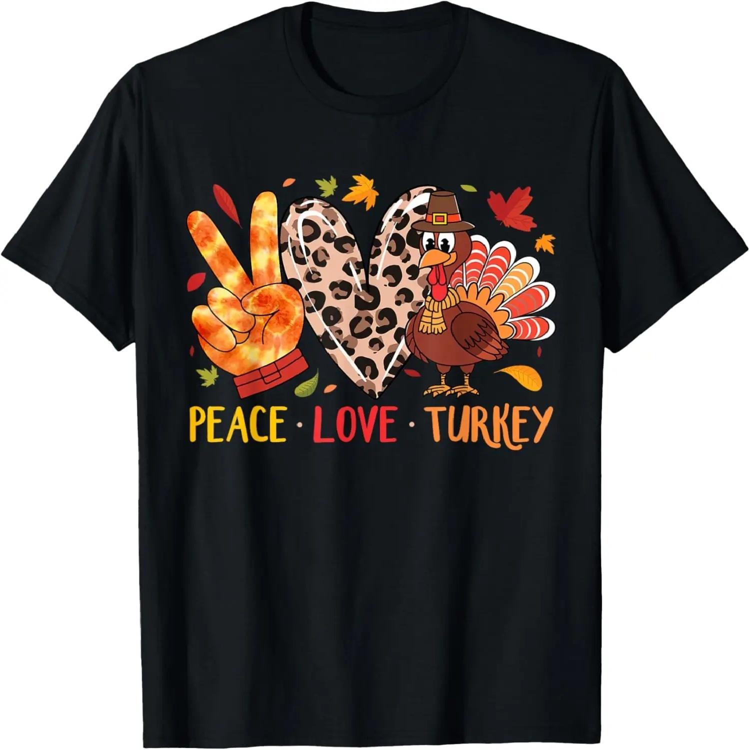 Peace Love Turkey Thanksgiving Leopard Fall Autumn Leaves T-Shirt S чёрный