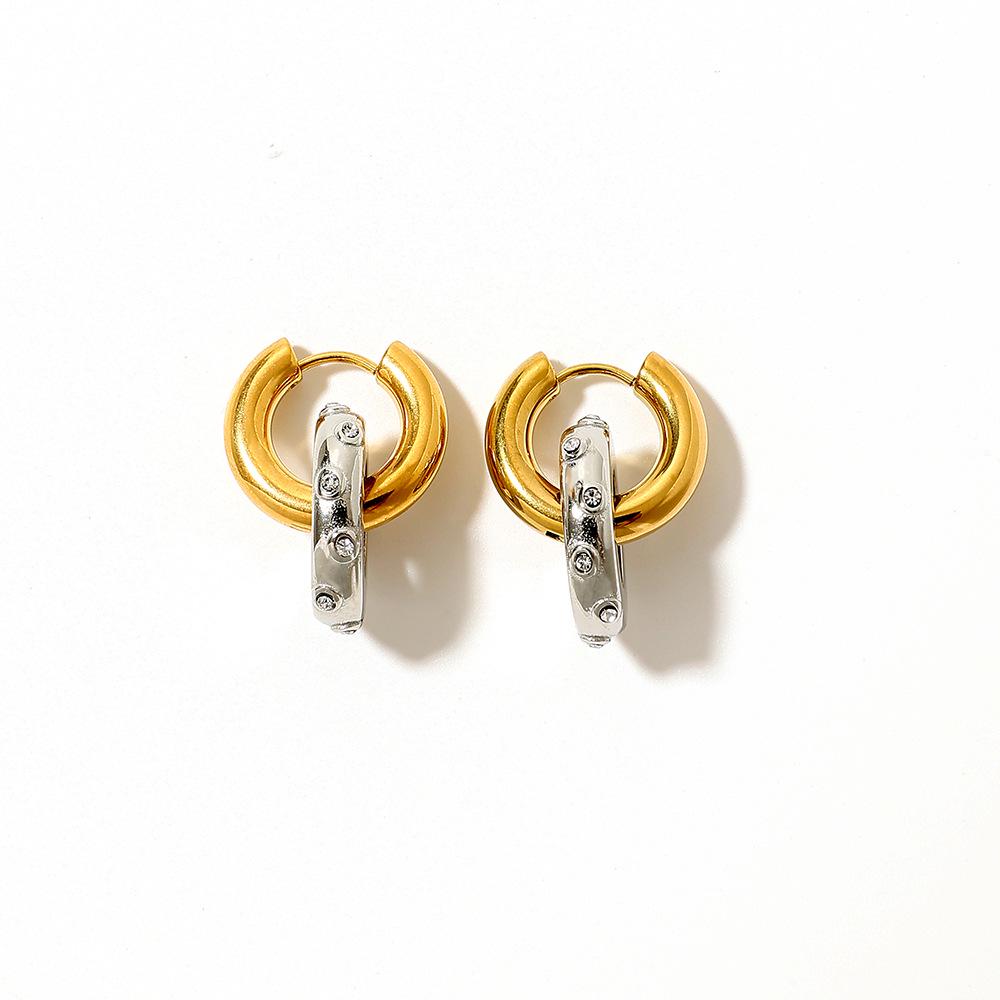 Women's Two-Tone Zirconia Double Circle Stud Earrings, Stainless and Titanium Steel, 18K Gold Plated, Waterproof