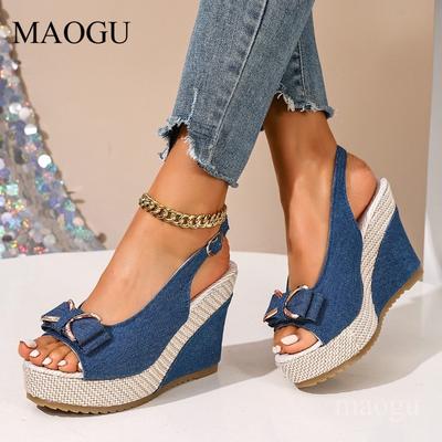 Peep Toe Bow-Knot Slingback Sandals Espadrille Platform Wedges Breathable Denim Sandals Ankle Strap Casual Summer Shoes Woman