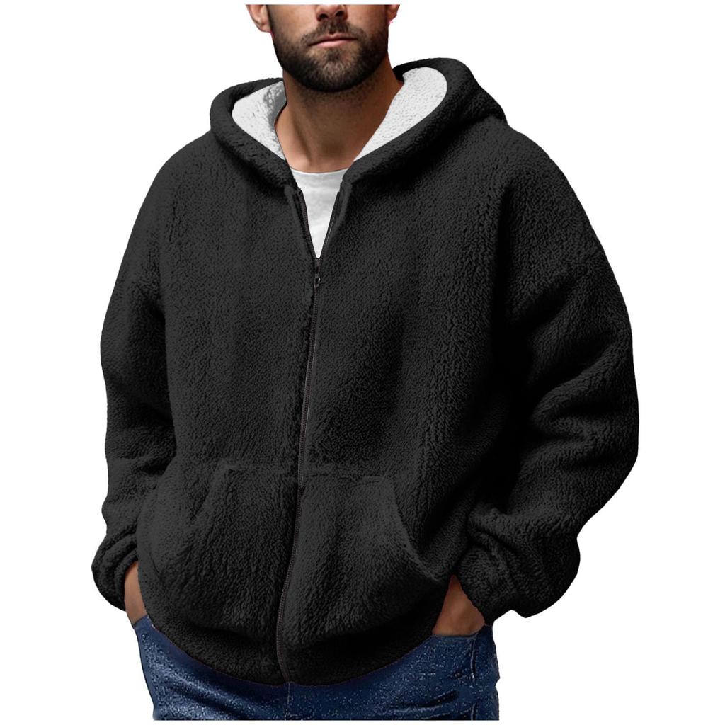 Men'S Winter Zipper Hooded Fleece Sweatshirt With Patch Pocket Casual Jacket