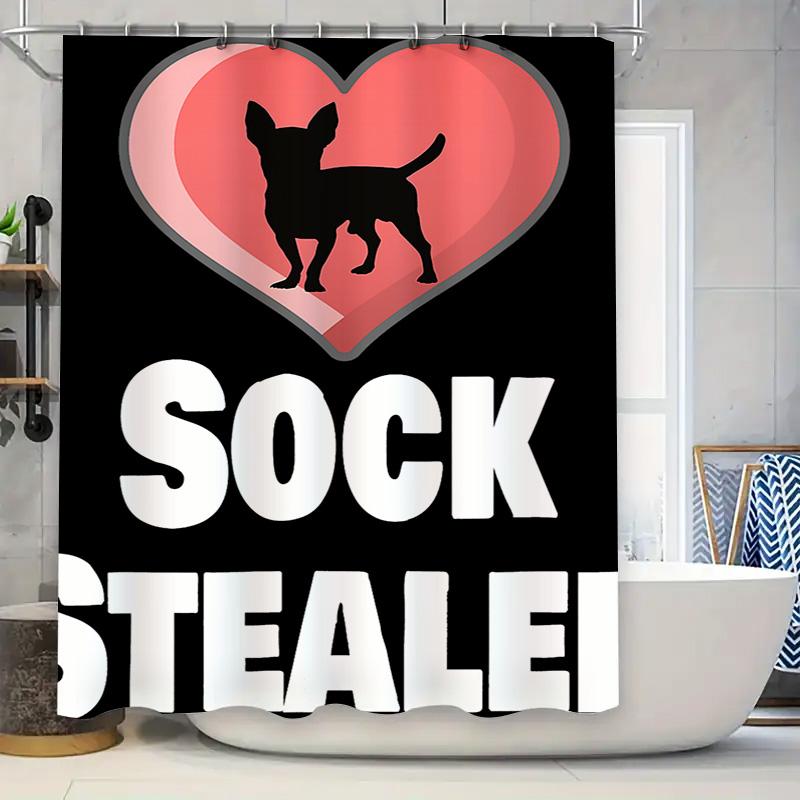 

Bathroom Decor Shower Curtain Featuring Chihuahua Silhouette Heart Design In Pink Black With Sock Stealer Text For Pet Lovers Wa W60H190(CM)-1 Pcs