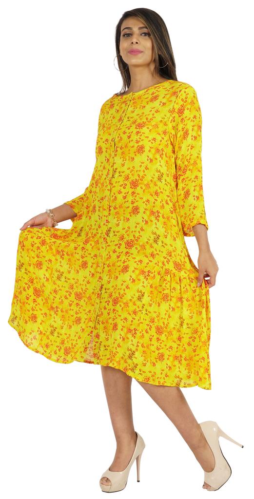 Bimba Printed Flared Midi Dress For Women Rayon Crepe Casual Summer Dress