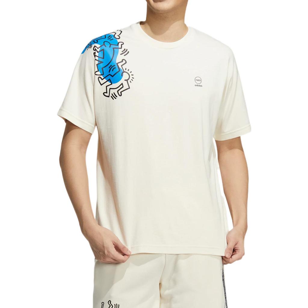 adidas Keith Haring İşbirliği SS22 Çizgi Film Baskılı Yuvarlak Yaka Kısa Kollu Tişört Erkek Üstler Beyaz HD7264