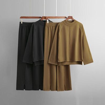 Sügistalv Lazy Wind lahtine O-kaelusega pullover kampsun, naiste ühevärviline pikkade varrukatega lõhikuga kootud laia säärega püksid kaheosaline komplekt