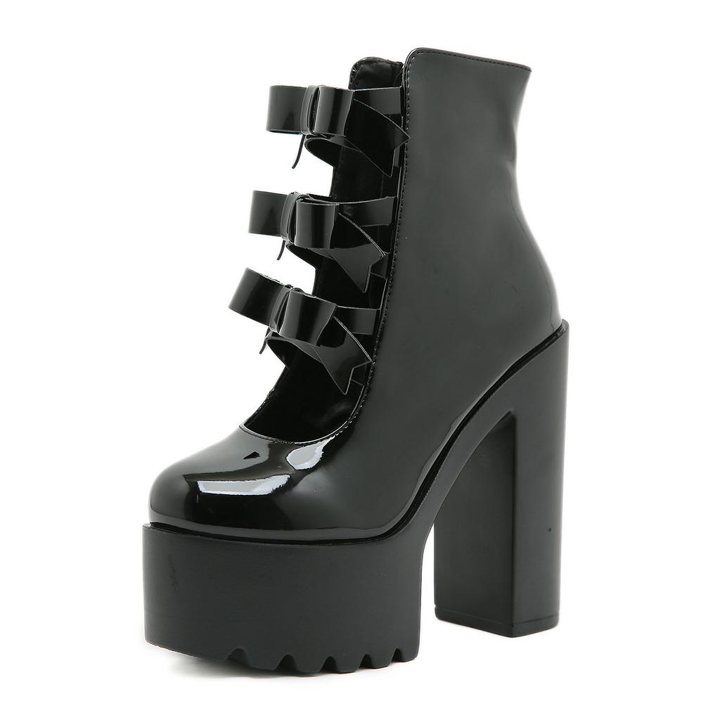Gdgydh Sweet Mary Jane High Heels Bow Detail Chunky Platform Ultra High Heels Side Zipper Platform Shoes for Women Footwear