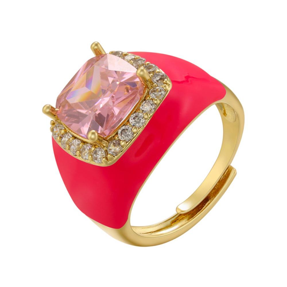 Gold Plated Zircon Open Ring Multicolor Geometric Square Ring Enamel Dripping Oil Ring  For Women