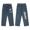 2024 New Fashion Letter Embroidery Retro Baggy Men Jeans Pants Y2K Straight Hip Hop Blue Washed Denim Trousers Pantalon Homme
