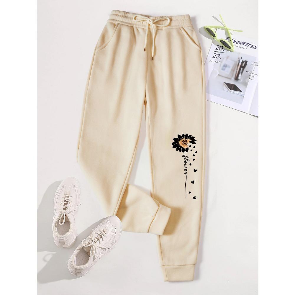 Creative Love Flower Print Women Elastic Waist Pants Jogger Fleece Drawstring Long Pant Fashion Sports Sweatpants