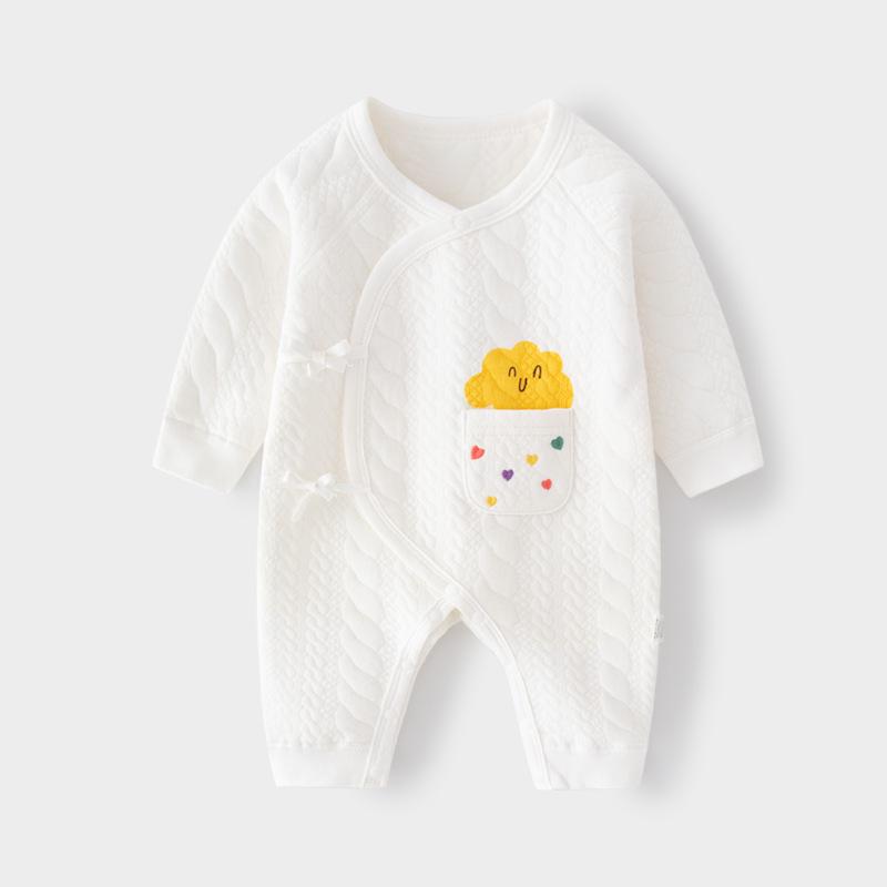 Newborn Pure Cotton Tie-Up Bodysuit: Quilted, Warm, Easy On/Off Jumpsuit for Autumn/Winter Crawling with Belly Protection.