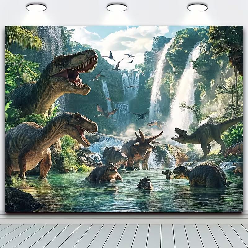 

Prehistoric Dinosaur Family Backdrop Jurassic Jungle Waterfall Scene Background Cloth for Children Birthday Party 47.2x31.5inch/120*80cm