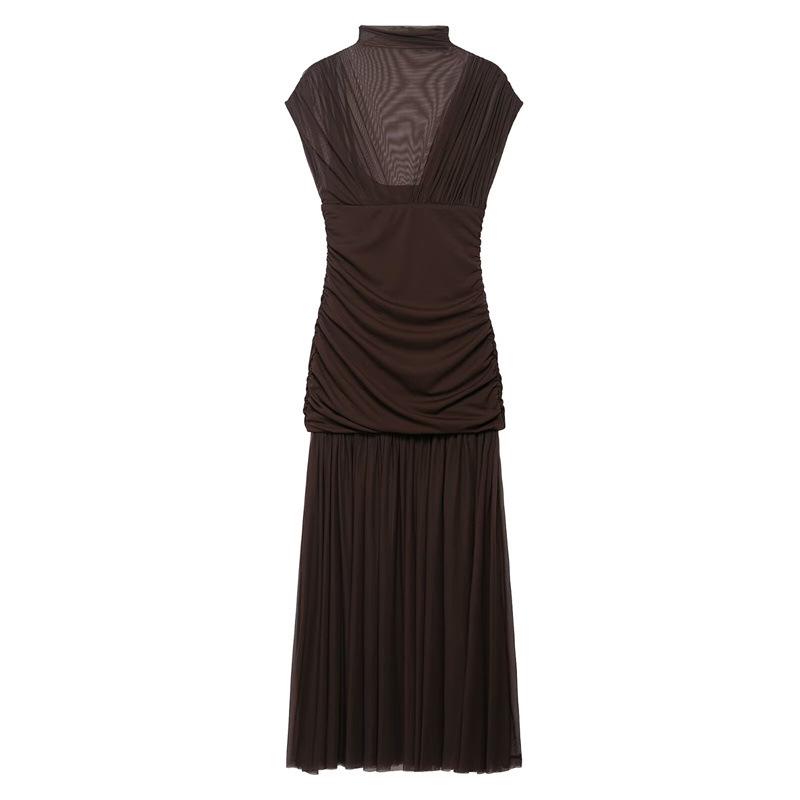 

2026 Autumn Women s European American Fashion Slim Fit Silk Mesh Patchwork Dress Extra Small коричневый