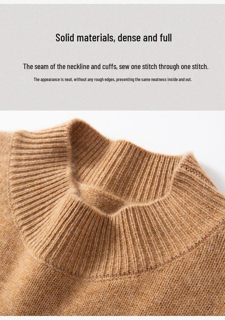 Women's 100% Cashmere Pullover Sweater, Half-High Collar, Long Sleeve, Thick Knit, Autumn/Winter Style.