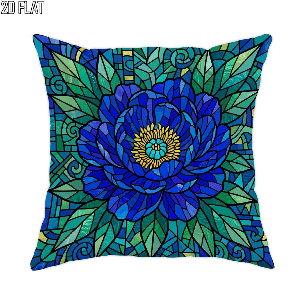 2D Flat 1pc Outdoor Pool Party Holiday Floral Stained Glass Throw Pillow Covers Blue Green Decorative