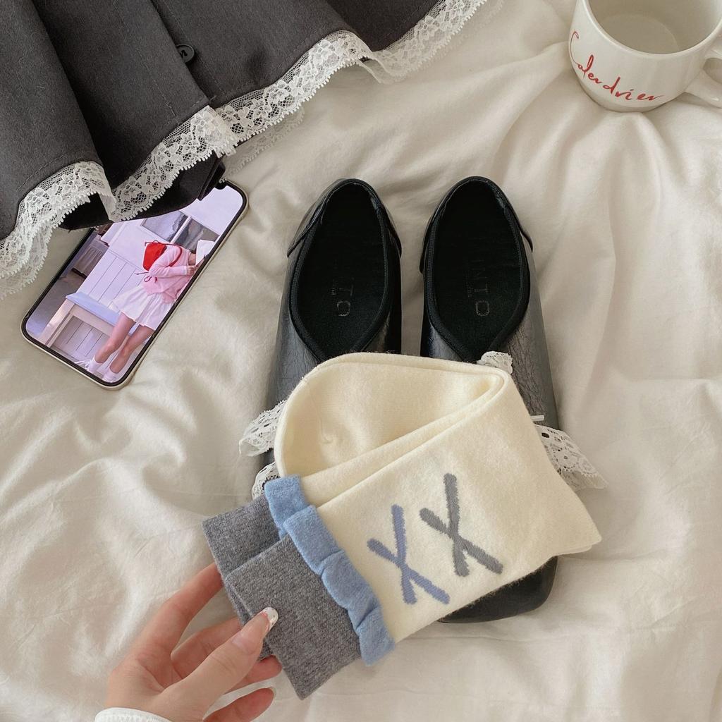 Warm Velvet Lolita Girl Sweet Socks Ear Bow Middle Tube Pile Cute Lace Medium And Long