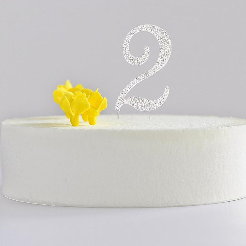 Silver 2" Crystal Cake Topper Number 2 Rhinestones Birthday Cake Topper Boy or Girl Birthday Anniversary Party Decoration Supply