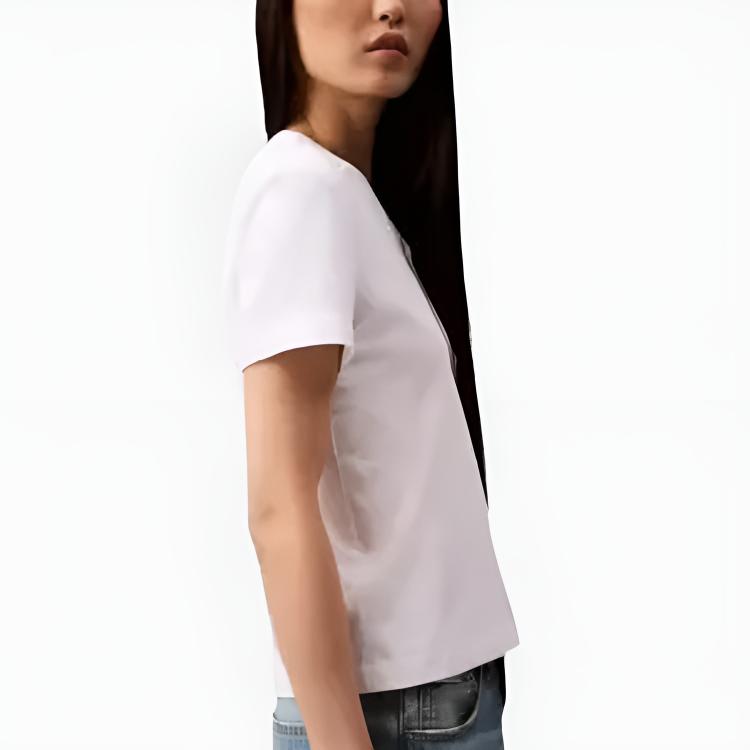 Calvin Klein Soft Breathable Comfortable Solid Color V-Neck Short Sleeve T-Shirt Women Tops Bright-White 40WL279-110