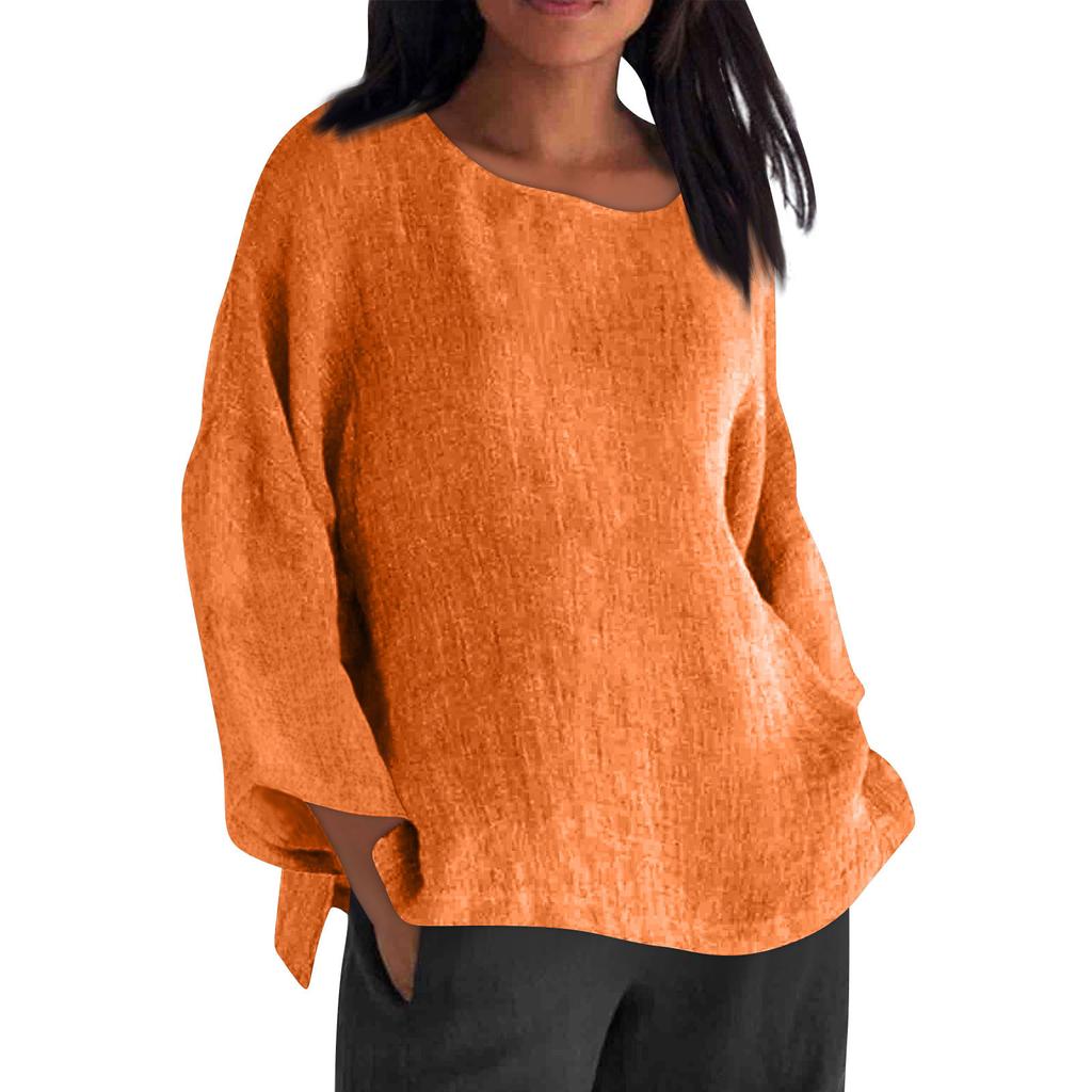 Long Sleeved Round Neck Solid Color Top Cotton and Linen Women’s Blouses & Shirts