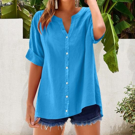 Women Shirt V-Neck Half Sleeve Buttons Placket Shirt Solid Color Loose Fit