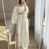  European and  Women's New One-Neck Long Sleeve Short Top High Waist Split Wide Leg Pants Set