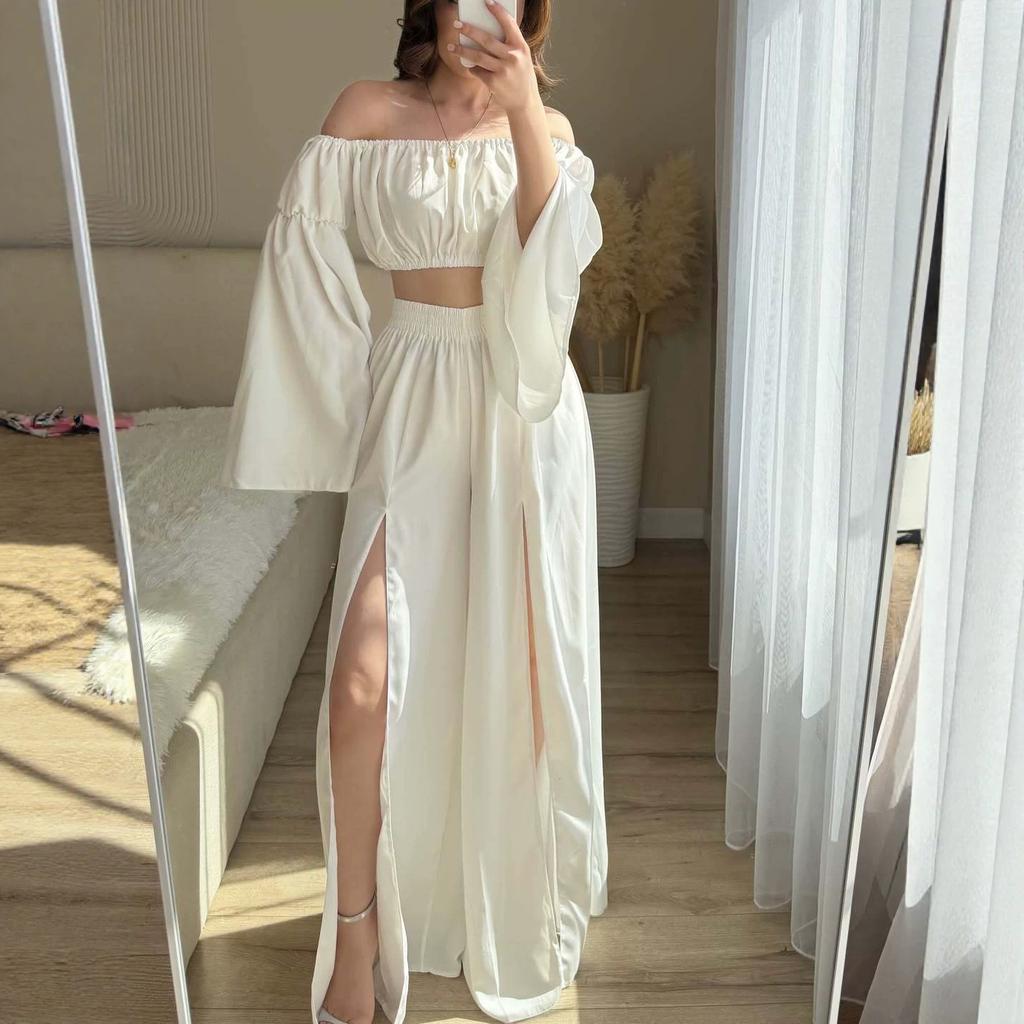 European and Women's New One-Neck Long Sleeve Short Top High Waist Split Wide Leg Pants Set