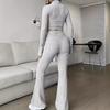 Womens 2 Piece Outfit Short Top Zipper Jacket High Waist Wide Leg Pants Set