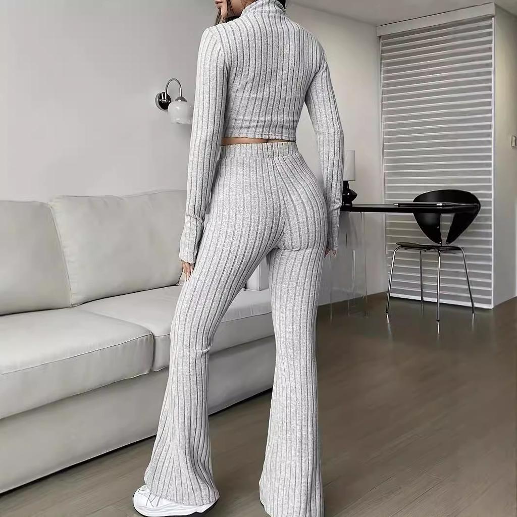 Womens 2 Piece Outfit Short Top Zipper Jacket High Waist Wide Leg Pants Set