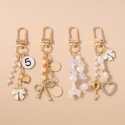 Cute Bowknot Love Heart Keychain Women Girl Pearl Beaded Key Ring Pendants for Handbag Decor DIY Handmade Key Chain Gift