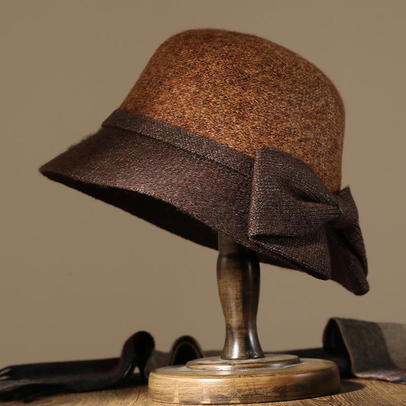 Middle and Old Ladies Hat Outdoor Warm Knitted Wool Basin Hat Bow Fashion Bucket Hat Short Brim Top Hat