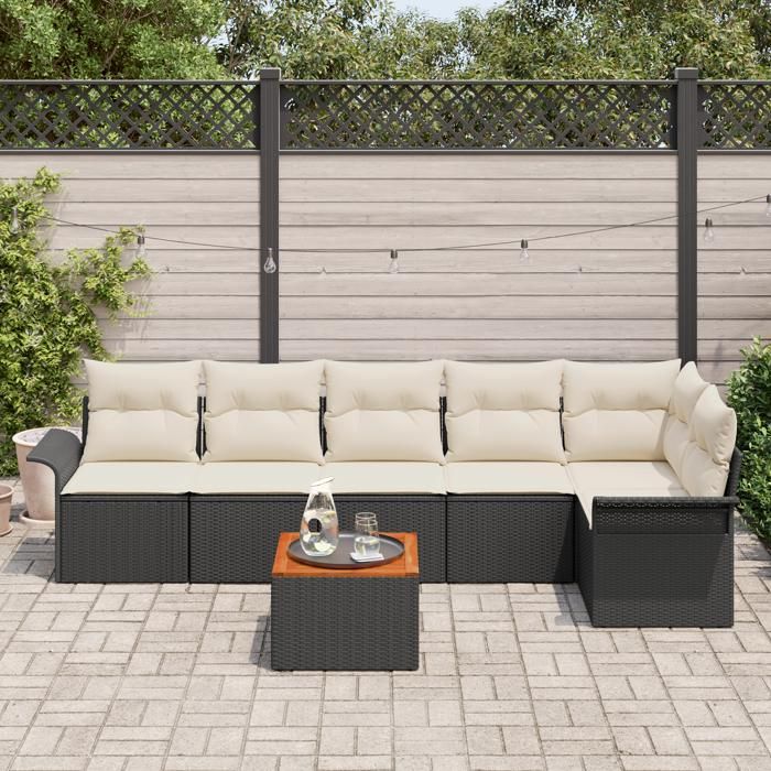 VidaXL Ensemble de canapé de jardin 7 pièces avec coussins noir Poly Rattan Acacia 3347334
