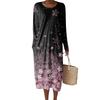 Women's Fashion Casual Long Sleeve Retro Floral Print Round Neck Pocket Elegant Temperament Dress