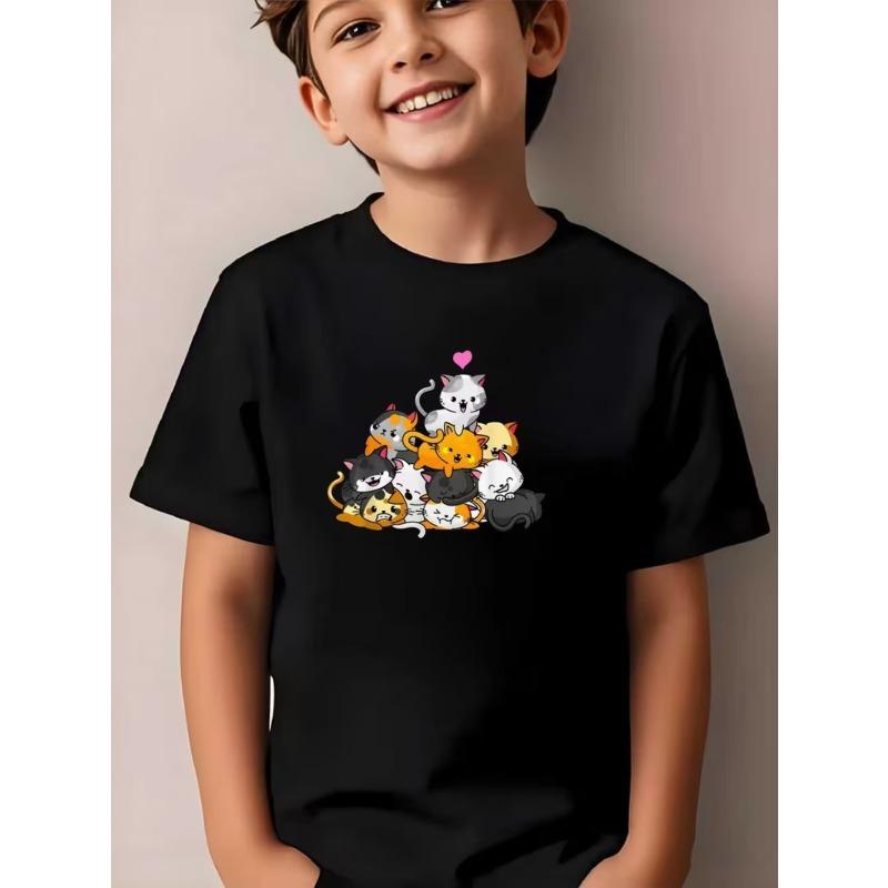

European sizes Boys T-Shirt - Cute Cat Crit Hit: Piled-Up Cat Graphic Print Design - Lightweight and Breathable Tee, Suitable as a Casual Summer Top 98cm чёрный