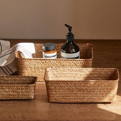 Cesta de Almacenamiento Rectangular Tejida de Ratán y Bambú para Escritorio