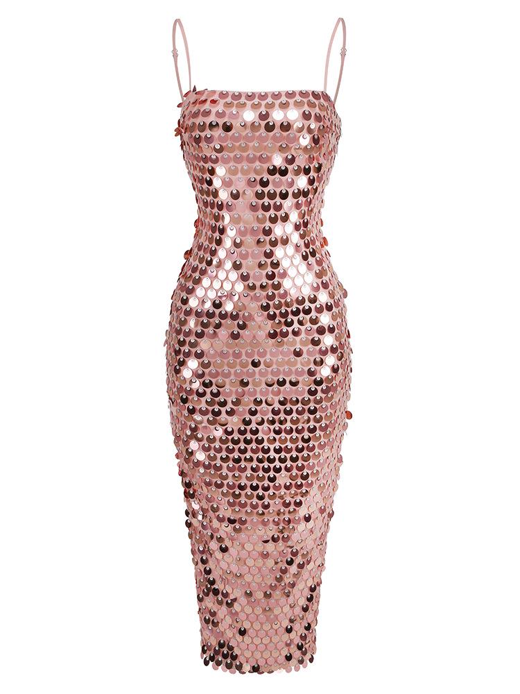 

Европейское и американское розовое платье миди на бретельках-спагетти с пайетками - Сексуальное вечернее платье, подчеркивающее талию M