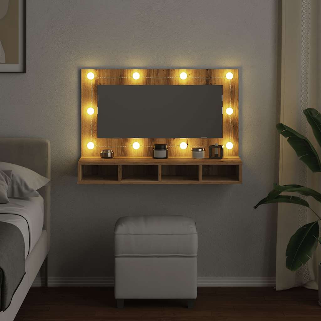 LED Mirror Cabinet In Artisan Oak 90 X 31.5 X 62 Cm