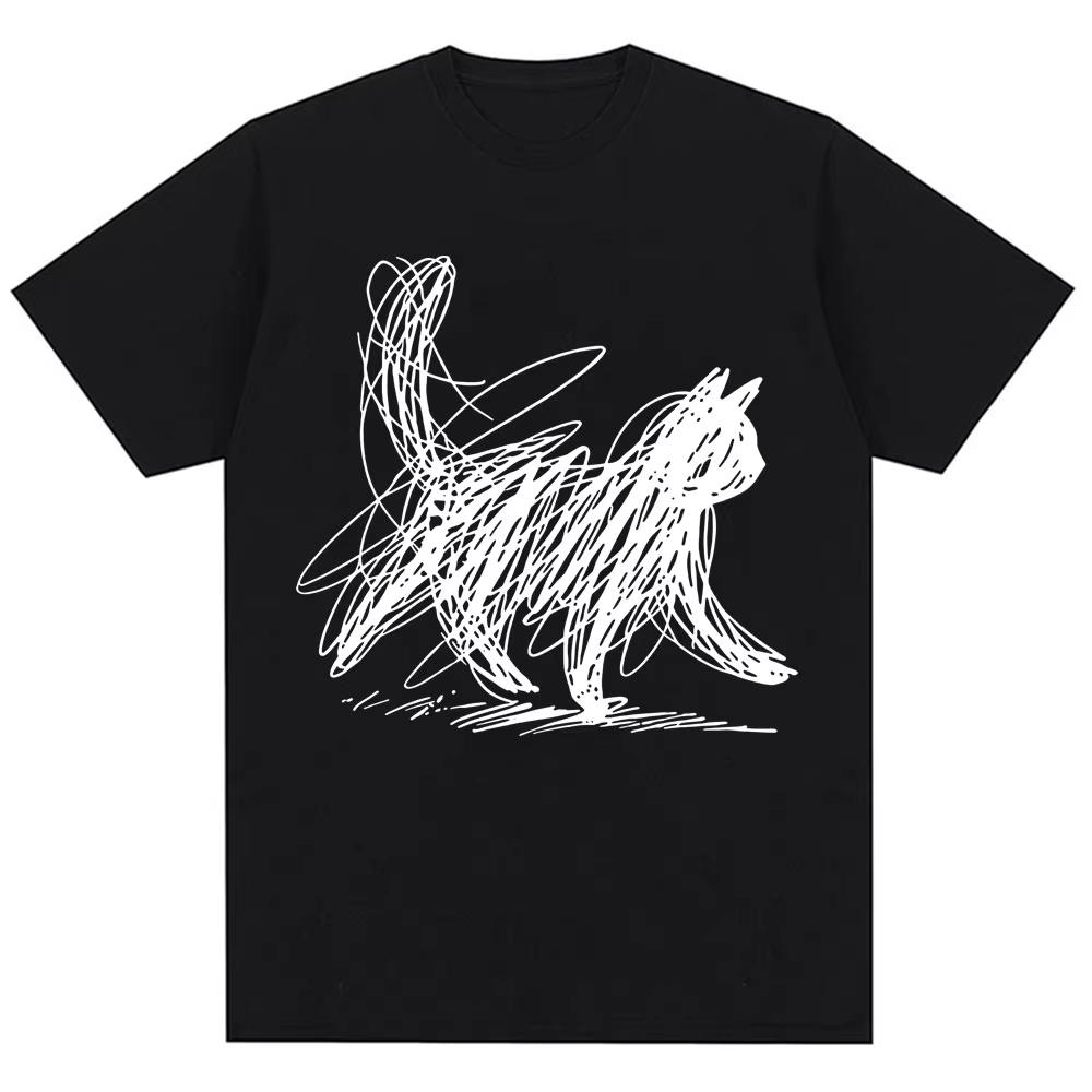 Funny Scribble Cat Japanese Graphic T Shirts Men Women Fashion Harajuku Short Sleeve Oversized Cotton S
