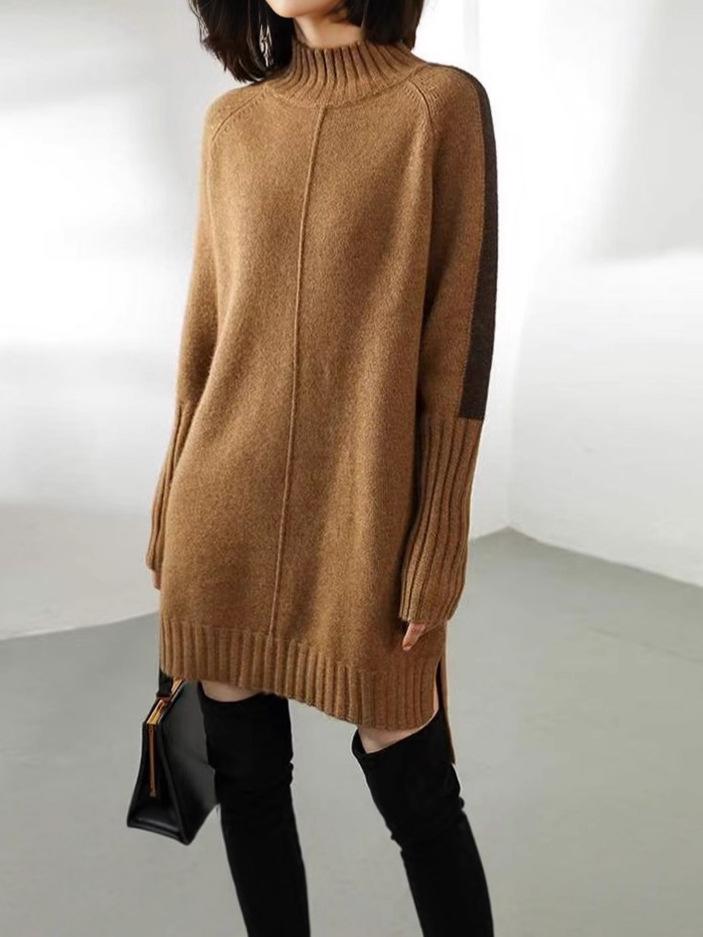 Women's Color Block Half-High Neck Sweater Dress - Long Sleeve Knitwear for Autumn/Winter