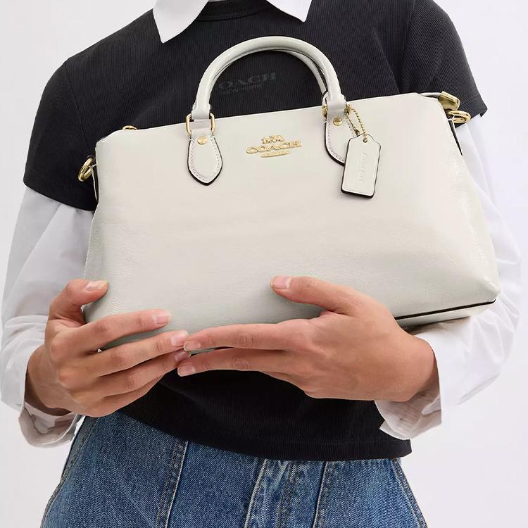 Coach Georgia 35 Gold Logo Zipper Closure Patent Leather Shoulder Crossbody Tote Bag Large Women Handbags Pearl-White CV942-IMPRL
