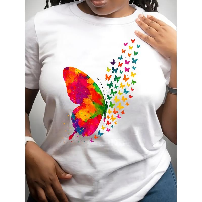 Beautiful Butterflies and Heart-shaped Ladies  Short-sleeved Shirts, Ladies  Clothing, Women s Wear, Patterned Printed Round-neck T-shirts S белый