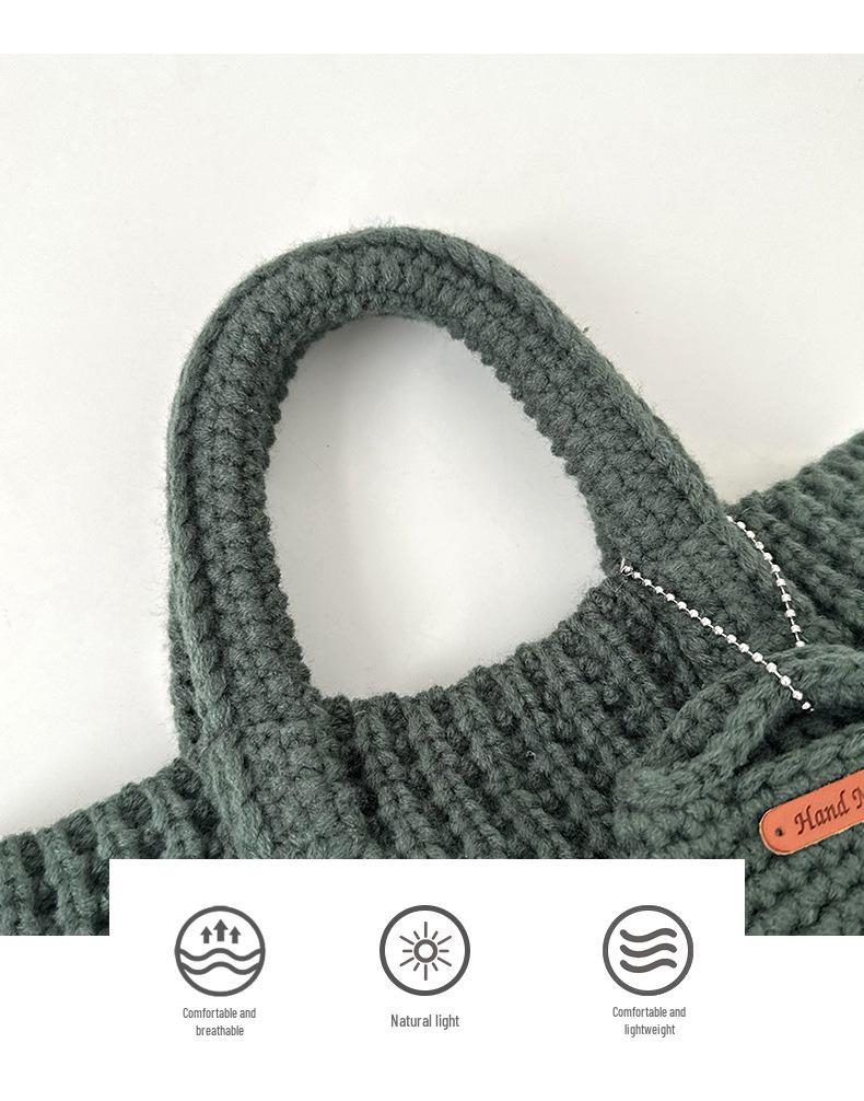 Handväska i ull i koreansk stil, enfärgad, handgjord, virkad—Söt höst-/vintertelefonväska