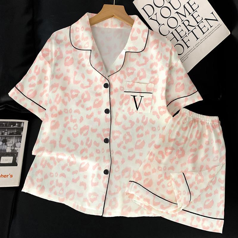 Letter Embroidery Pink Leopard Print Ice Silk Pajamas Women S Summer Short-Sleeved Sweet Loungewear Set M