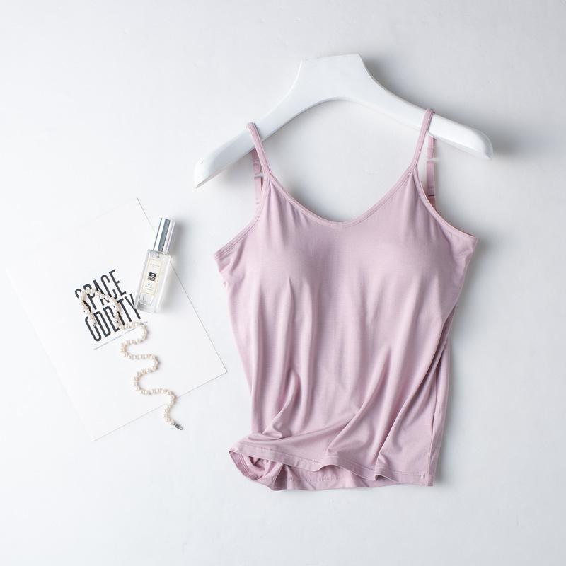 Women's Modal Camisole Tank Top with Built-in Padded Bra,Wireless Seamless Bra-T,Backless Slim Basic Undergarment Sleeveless Layering Vest