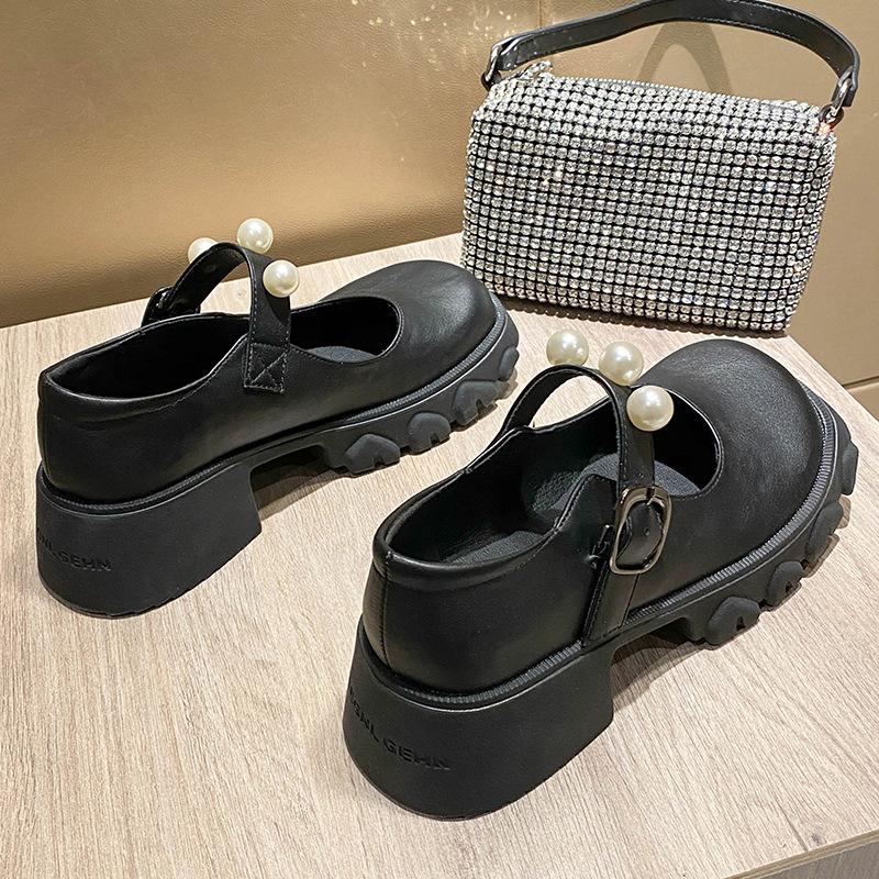 Single Shoes Women's Four-season Platform Small Leather Shoes Small Fragrant Pearls with Versatile Mary Jane Women's Shoes Increase Height