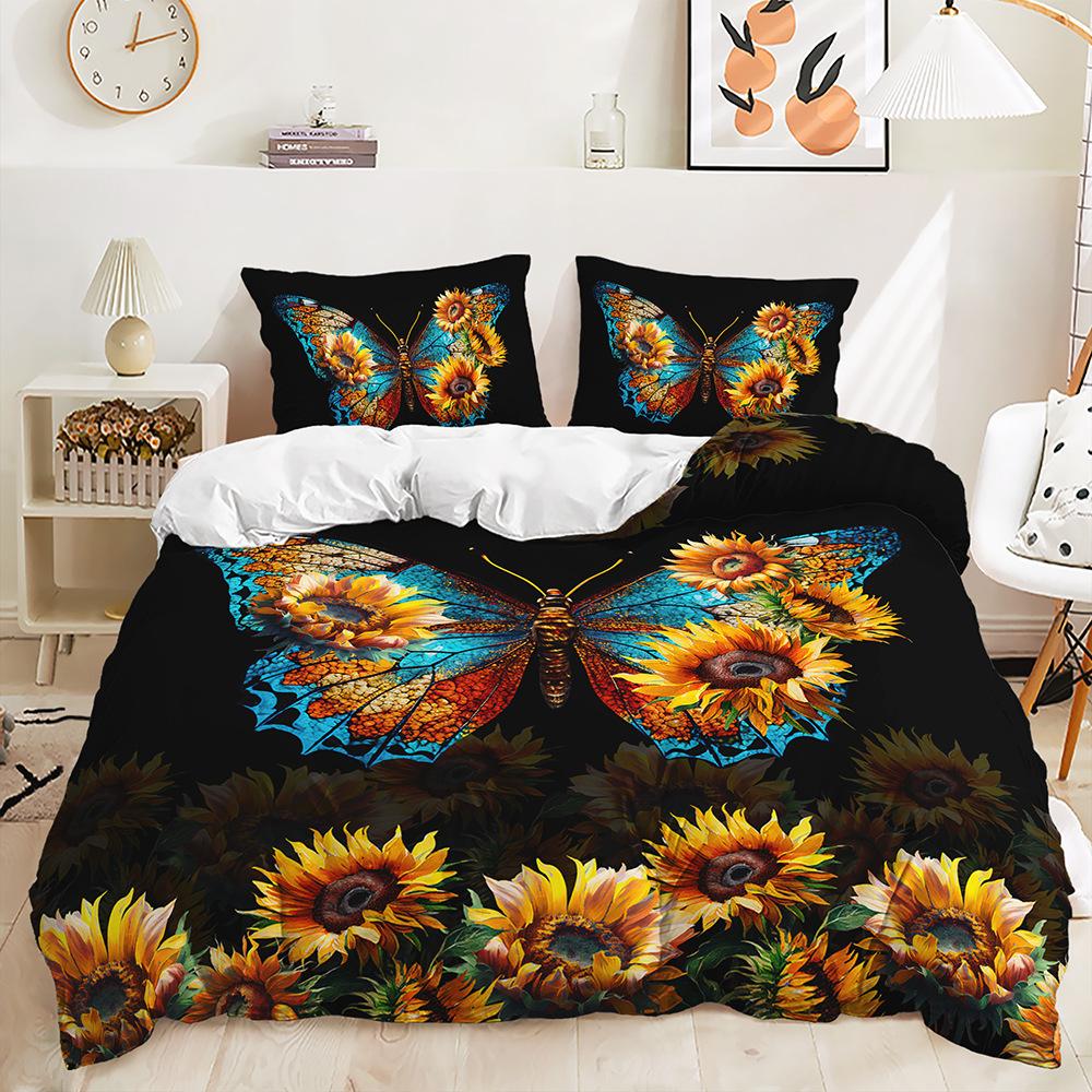 Butterfly Mushroom Flower Digital Printing Duvet Set Three-Piece Bedding Set