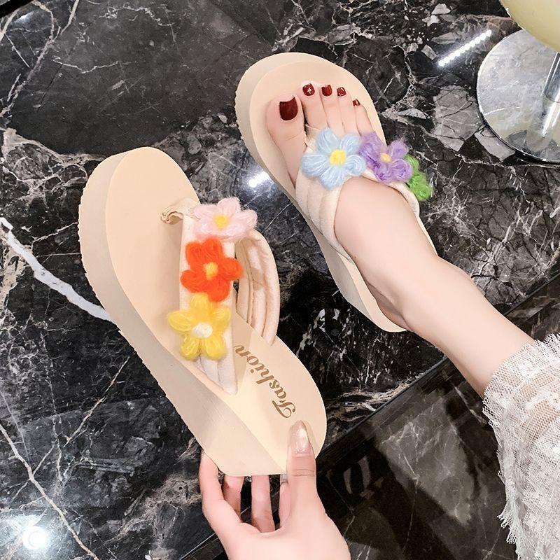 Flower Thick-soled Wedge Heel Fashion Cool Slippers Women's 2025 Summer New Flip-flops Women's Vacation Beach Shoes Women's Outer Wear