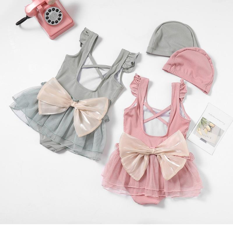 Girl Kids One Pieces Swimsuit With Hat Swimwear 2025 Bowknot Summer Beach Wear Children Swimming Suit