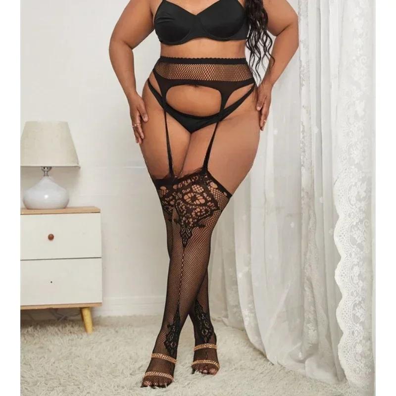 Plus Size Women's Lace Top Mesh Thigh High Sheer Stockings Anti Skid Silicone Fishnet Long Socks Over Knee Stocking Sexy Pantyhose