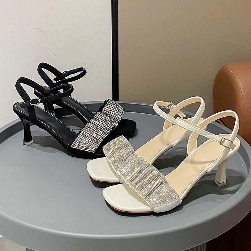 Fairy wind 2025 new fashion sandals women's summer new open-toed stiletto rhinestone French one-word strap high heels