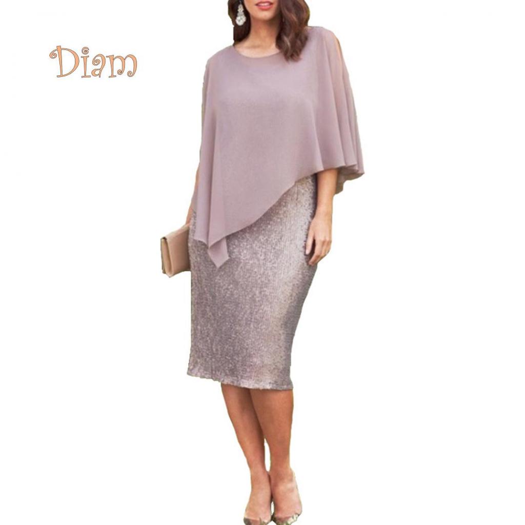 Margot St. Elegant Women Plus Size O-Neck Chiffon Patchwork Double Layer Midi Pencil Dress