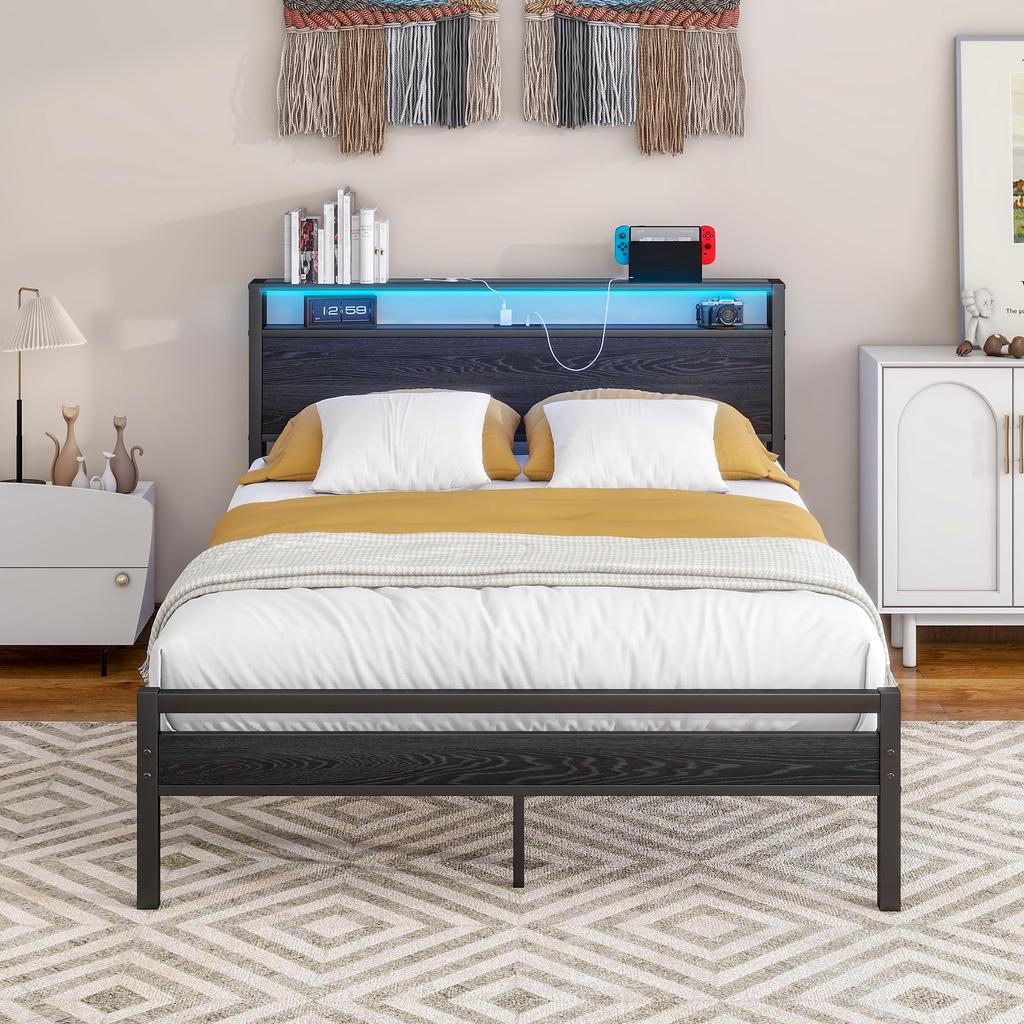 Bed 120x200 with Storage, Metal Bed Frame with USB Charging Function & LED Lighting, Modern Storage Bed with Headboard Shelf, Youth Bed/Guest Bed