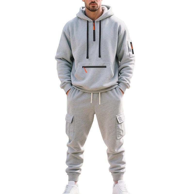 

Men Autumn Casual 2 Piece Tracksuit Hooded Sweatshirt Cargo Joggers Set M серый